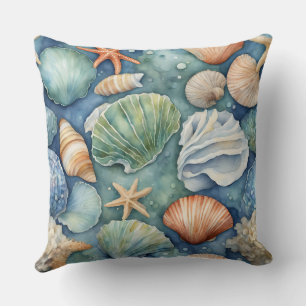 Ocean Breeze Watercolor: Seashell and Starfish Throw Pillow