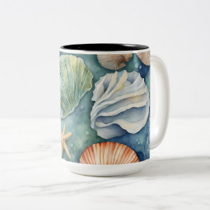 Ocean Breeze Watercolor: Seashell and Starfish Two-Tone Coffee Mug