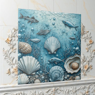 Ocean Bubble Aquatic Fish Seashell Underwater Art Ceramic Tile