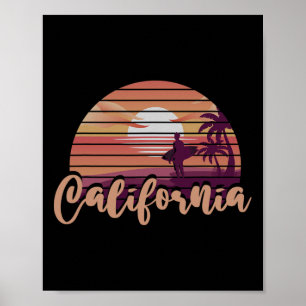 Ocean Cali Palm Trees Surfing Ca Sea Beach Retro C Poster
