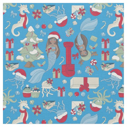 ocean christmas black mermaid seahorse jellyfish  fabric