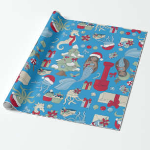 ocean christmas black mermaid seahorse jellyfish  wrapping paper