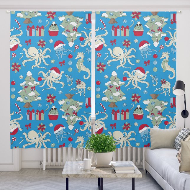 ocean christmas tree seahorse santa octopus blackout curtains (Living Room)