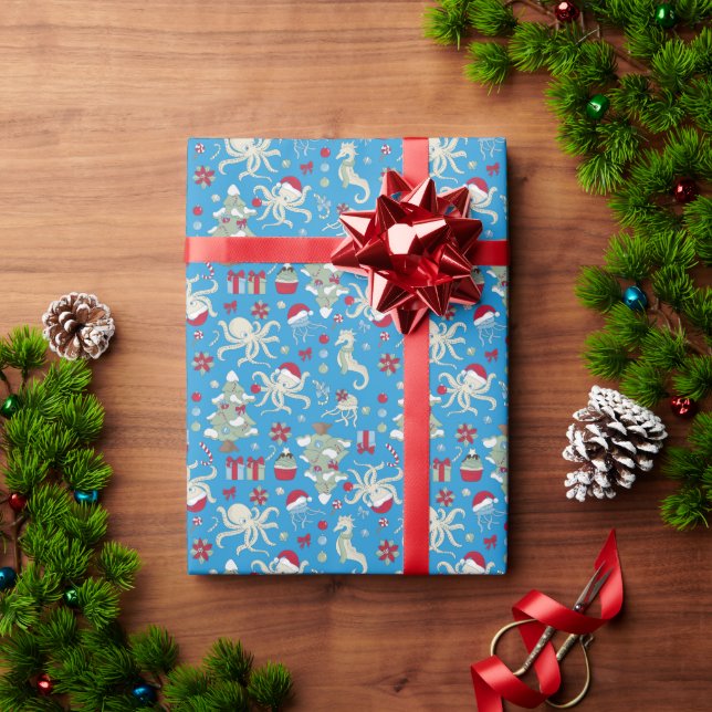 ocean christmas tree seahorse santa octopus wrapping paper (Holiday Gift)