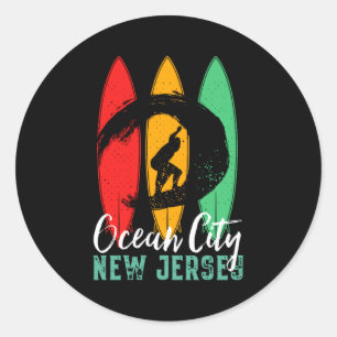 Ocean City Beach New Jersey Vintage Retro Surfing  Classic Round Sticker