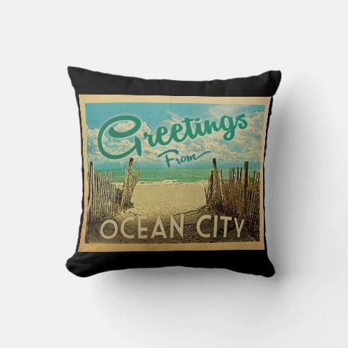 Ocean City Beach Vintage Travel Throw Pillow