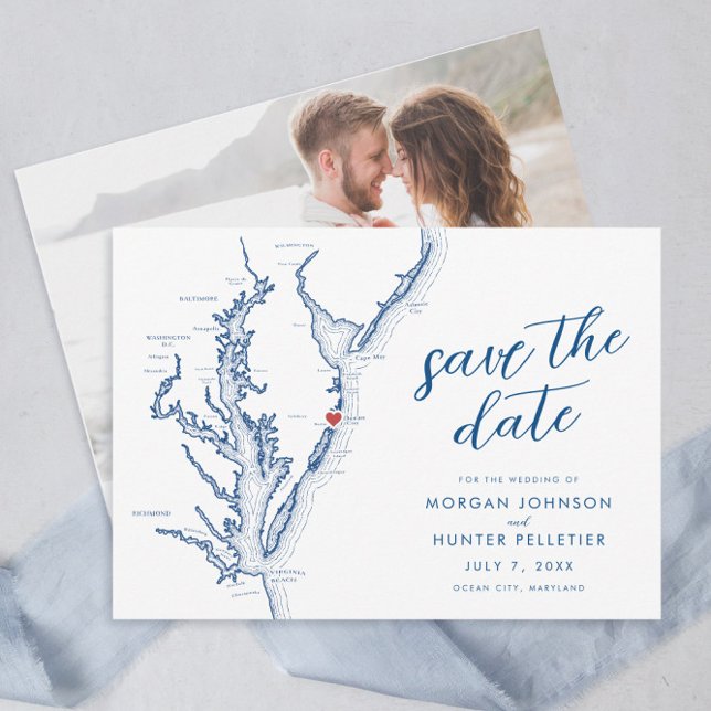 Ocean City Maryland Map Minimal Modern Wedding Save The Date (Ocean City Maryland Map Save the Dates with minimal modern navy blue script from Coastal Map Designs)
