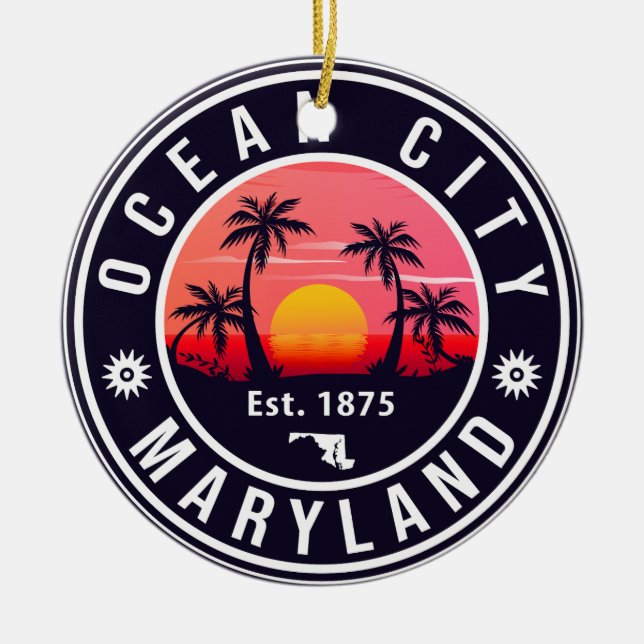 Ocean City Maryland Retro Sunset Souvenirs 60s Ceramic Ornament (Front)