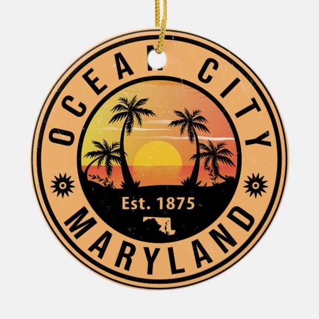Ocean City Maryland Retro Sunset Souvenirs 60s Ceramic Ornament (Front)