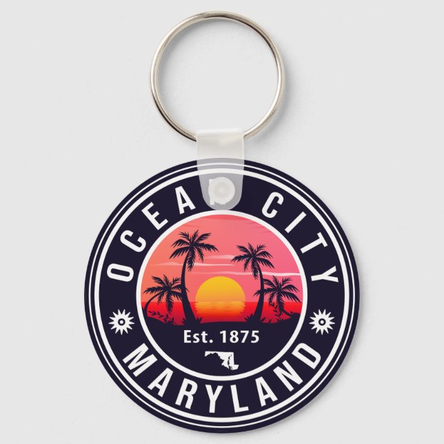 Ocean City Maryland Retro Sunset Souvenirs 60s Keychain (Front)