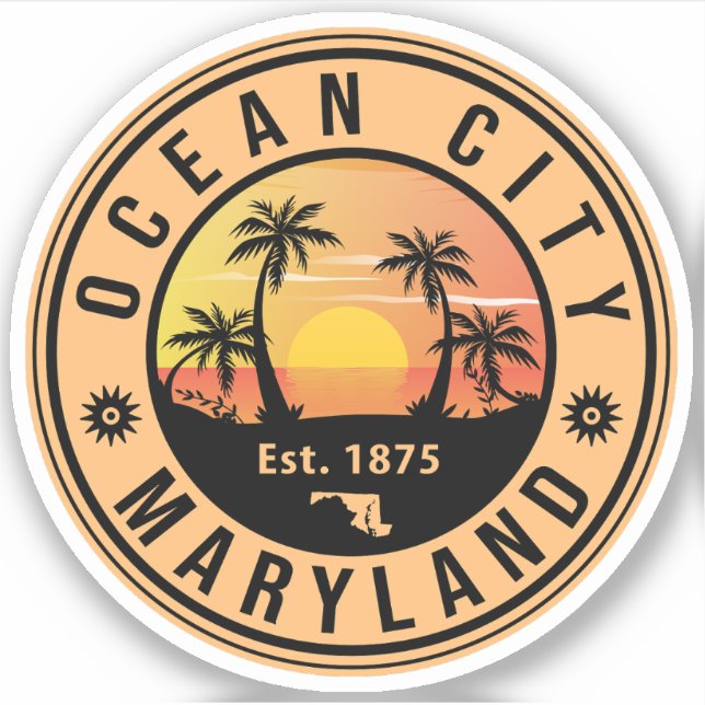 Ocean City Maryland Retro Sunset Souvenirs 60s Sticker (Front)