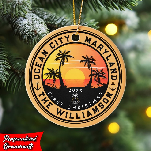Ocean City Maryland Retro Sunset Souvenirs 80s Ceramic Ornament (Creator Uploaded)