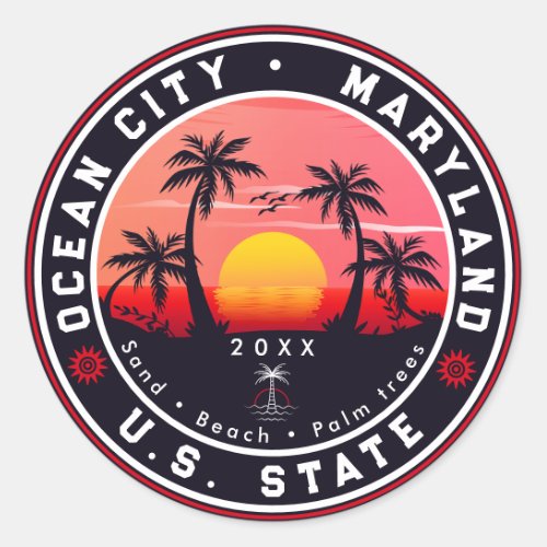 Ocean City Maryland Retro Sunset Souvenirs 80s Classic Round Sticker