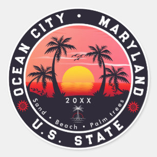 Ocean City Maryland Retro Sunset Souvenirs 80s Classic Round Sticker