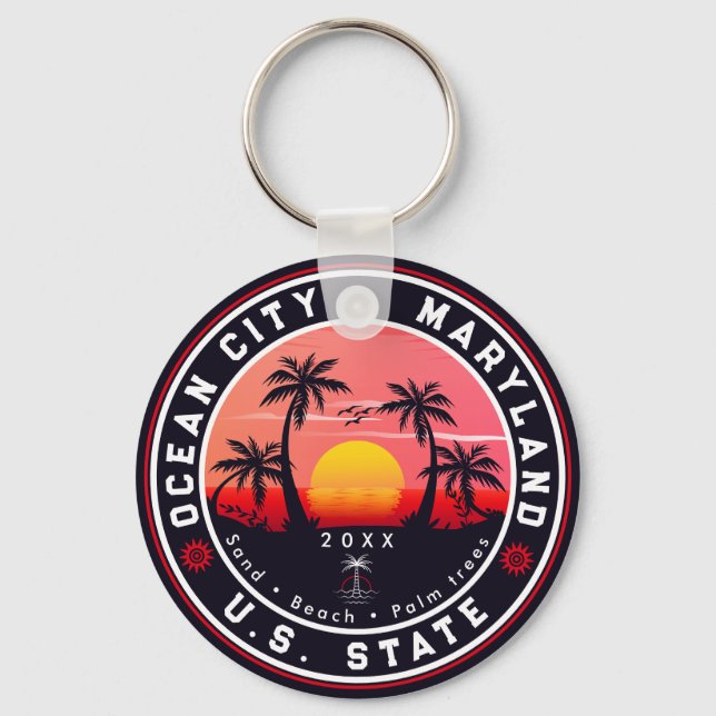 Ocean City Maryland Retro Sunset Souvenirs 80s Keychain (Front)