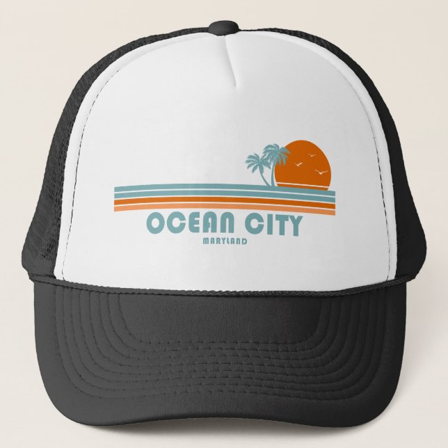 Ocean City Maryland Sun Palm Trees Trucker Hat (Front)