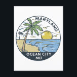Ocean City Maryland Vintage Postcard<br><div class="desc">Ocean City hand drawn illustration with palm trees and waves in the background. Perfect for anyone who loves to visit Ocean City.</div>