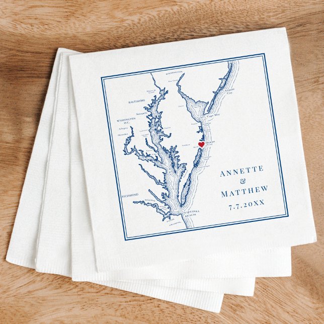 Ocean City MD Elegant Navy Blue Map Wedding Napkins (These Ocean City, MD map cocktail napkins are perfect for your Maryland destination wedding.)