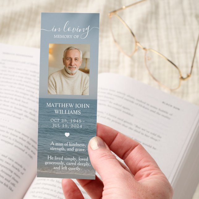 Ocean Coastal Male Photo Funeral Memorial Bookmark (Hand)