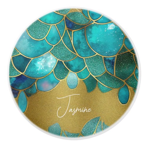 Ocean colors gems faux golden and glam custom name ceramic knob