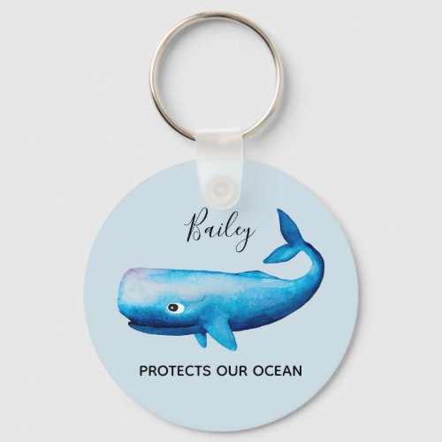Ocean Conservation Watercolor Whale Sea Typography Keychain