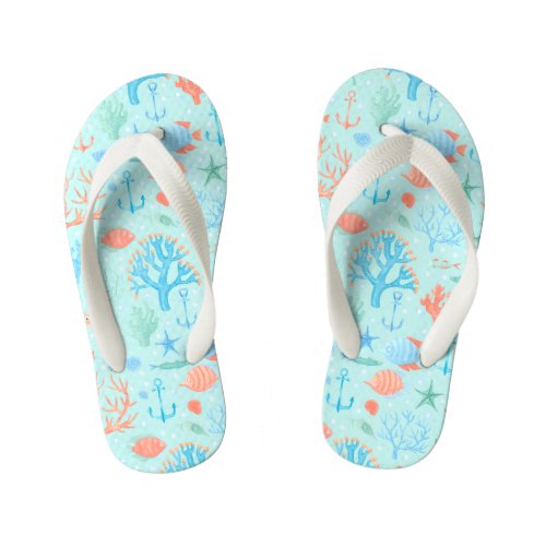 Ocean Coral Anchor Angel Fish  Kids Flip Flops