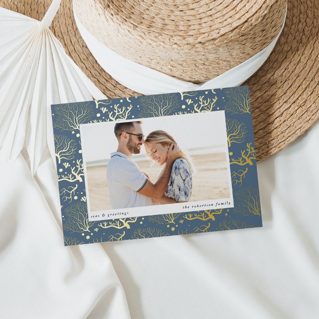 Ocean Coral Border | Horizontal Photo Foil Holiday Card (Creator Uploaded)