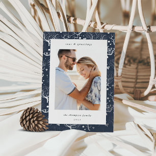 Ocean Coral Border   Vertical Photo Foil Holiday Card