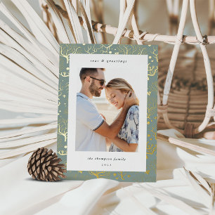 Ocean Coral Border Vertical Photo Foil Holiday Card