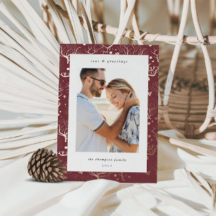 Ocean Coral Border   Vertical Photo Foil Holiday Card