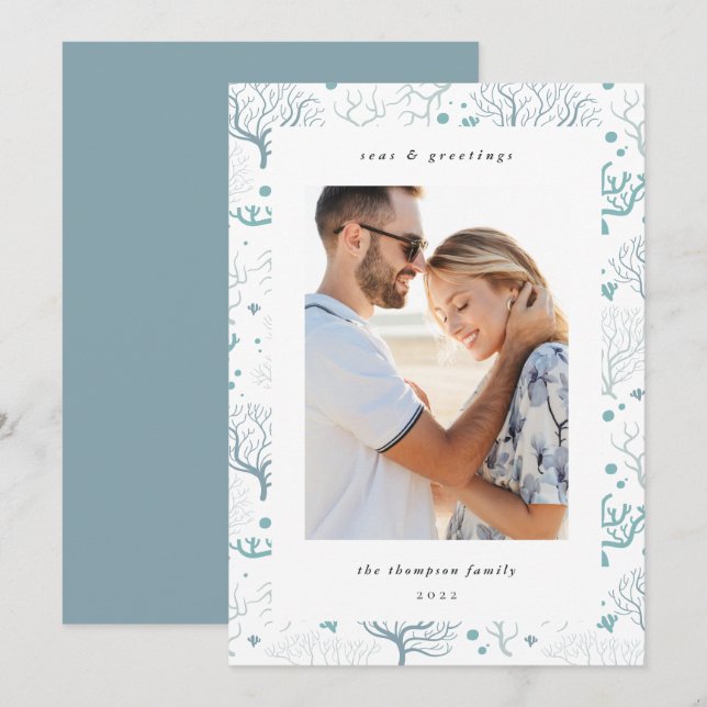 Ocean Coral Border | Vertical Photo Holiday Card (Front/Back)