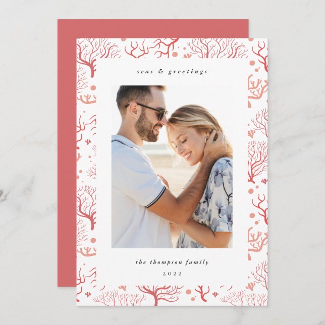 Ocean Coral Border | Vertical Photo Holiday Card (Front/Back)