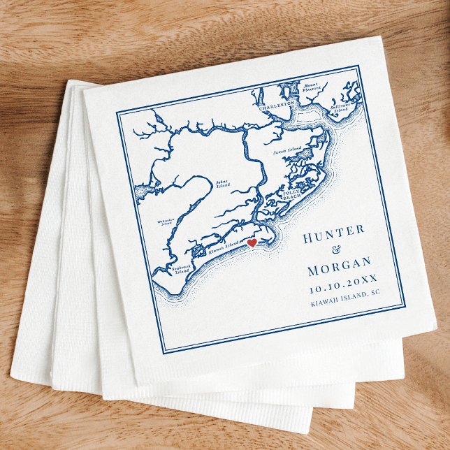 Ocean Course Wedding Kiawah Island SC Map Blue Napkins (Kiawah Island SC Map Napkins for an Elegant Navy Blue Destination Wedding from Coastal Map Designs)