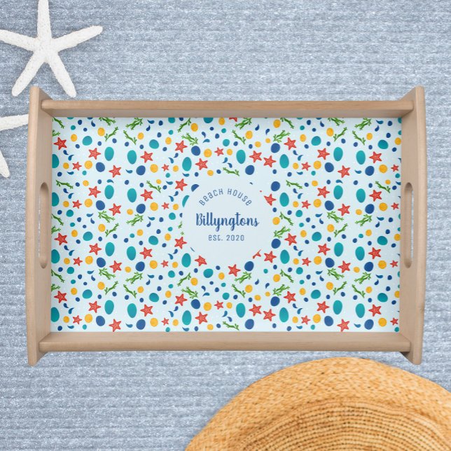Ocean custom family name beach house sea collage serving tray (Custom family name beach house sea collage serving tray, personalized home decor)