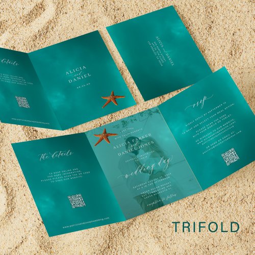 Ocean destination wedding photo QR RSVP details  Tri_Fold Invitation