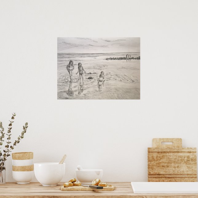 Ocean Discoveries Beach Day Pencil Art Drawing Poster | Zazzle