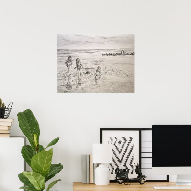 Ocean Discoveries Beach Day Pencil Art Drawing Poster | Zazzle
