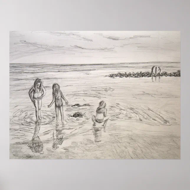 Ocean Discoveries Beach Day Pencil Art Drawing Poster | Zazzle