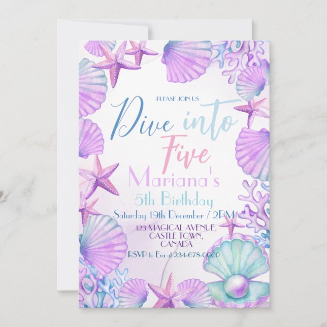 Ocean Dive into Five Girl Birthday Party Invitation (Front)