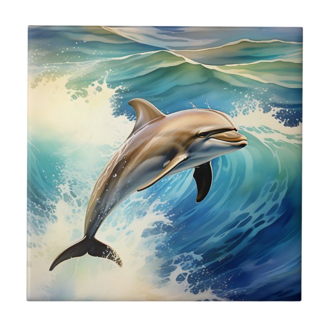 Ocean Dolphin Playful Ceramic Tile (Front)