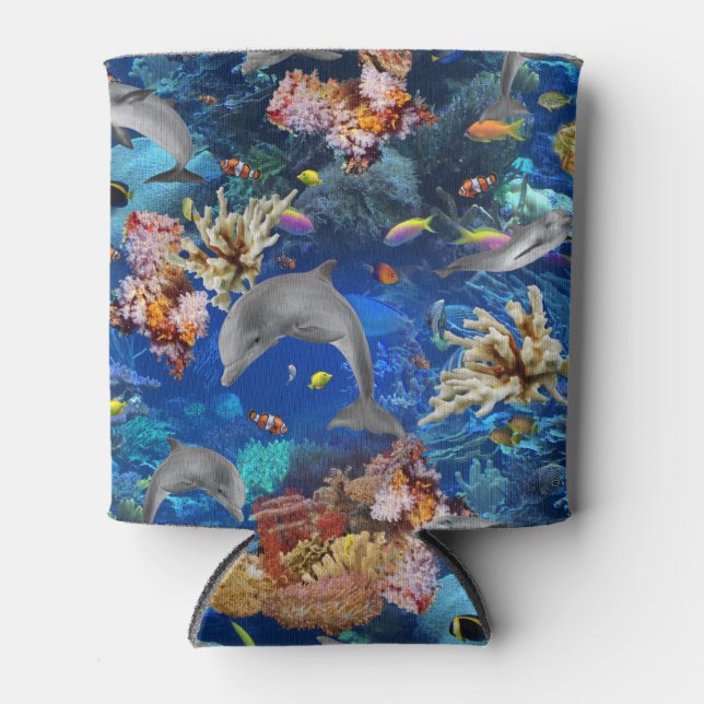 Ocean Dolphins Tropical Coral Reef Can Cooler (Front)