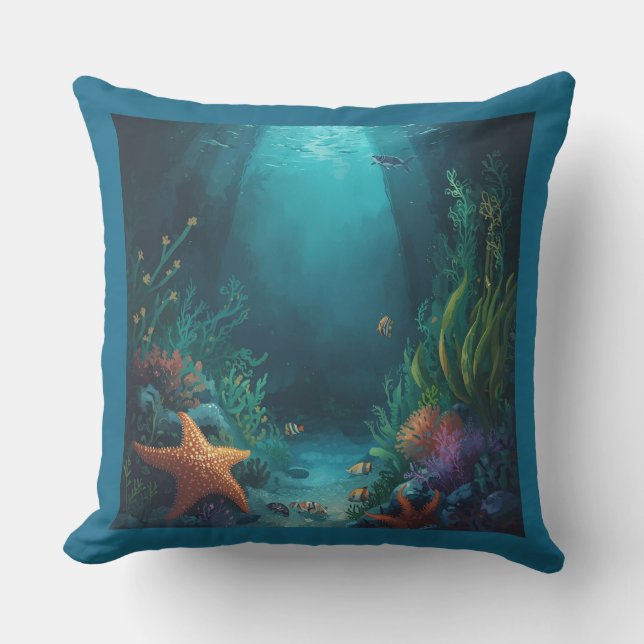 Ocean Dreams, Tropical Starfish and Seaweed Outdoor Pillow (Front)