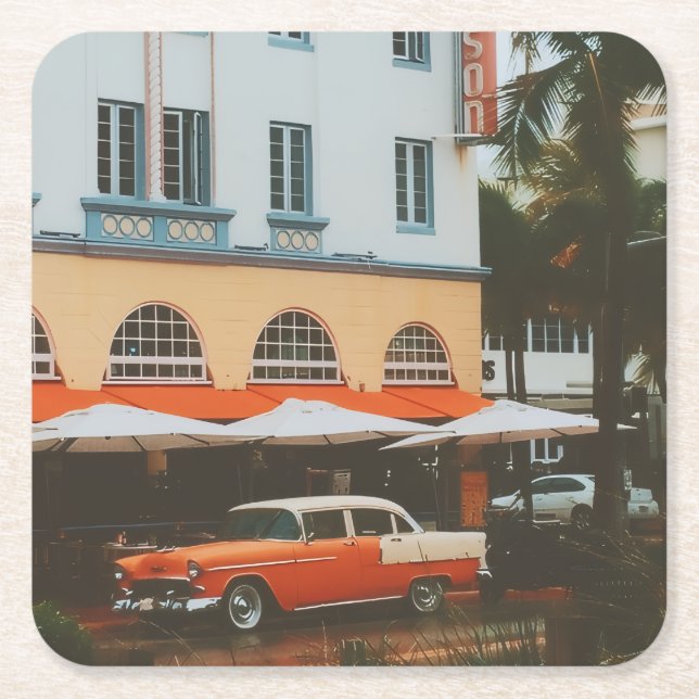 Ocean Drive, South Beach, Miami Square Paper Coaster (Front)