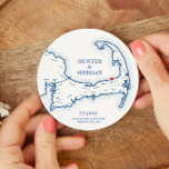 Ocean Edge Brewster MA Cape Cod Wedding Round Paper Coaster<br><div class="desc">Cheers to great times on Cape Cod at your coastal wedding celebration in Brewster with these personalized navy blue Cape Cod map paper coasters. Perfect customized paper coasters for your Cape Cod clam bake, Engagement Party, Wedding Welcome Party, Cocktail Hour or Wedding Reception in Brewster, MA, with the moveable heart...</div>