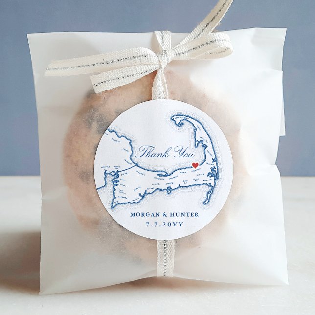 Ocean Edge Cape Cod Map Thank You Wedding Favor Classic Round Sticker (Ocean Edge Resort Thank You wedding favor sticker label in elegant navy blue by Coastal Map Designs)