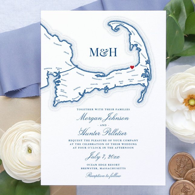 Ocean Edge Resort Brewster MA Wedding Invitation (These Cape Cod map wedding invites are perfect for your Ocean Edge Resort wedding in Brewster)