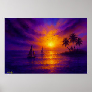 Ocean Ember - Tropical Sunset with Sailboats Poster