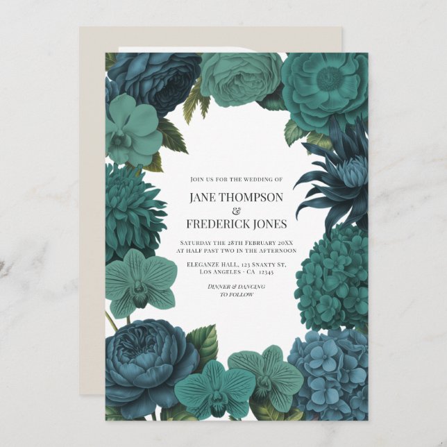 Ocean Emerald, Deep Lagoon & Tidepool Teal Wedding Invitation (Front/Back)