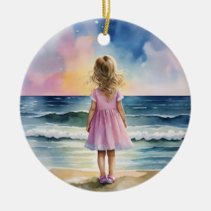 Ocean Eyes Florida Beach Girl Watercolor Ceramic Ornament
