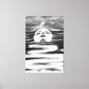 Ocean Face Black White Art Painted Canvas Print
